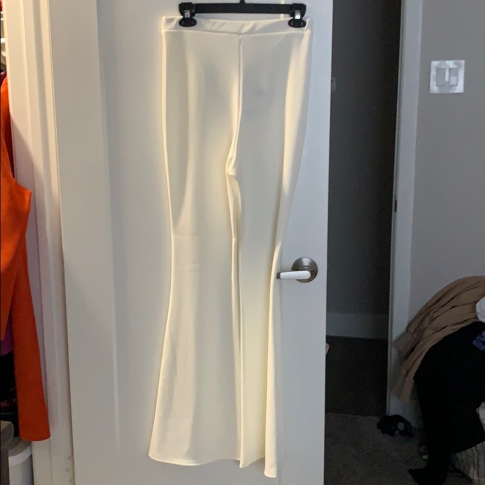 White ribbed flare pants